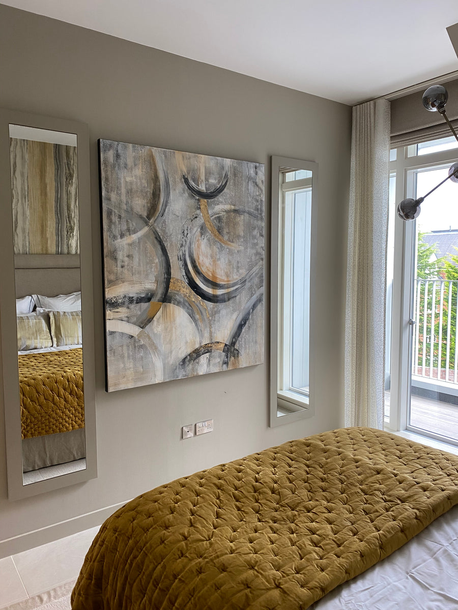 Abstract swirl art panel in grey gold and black